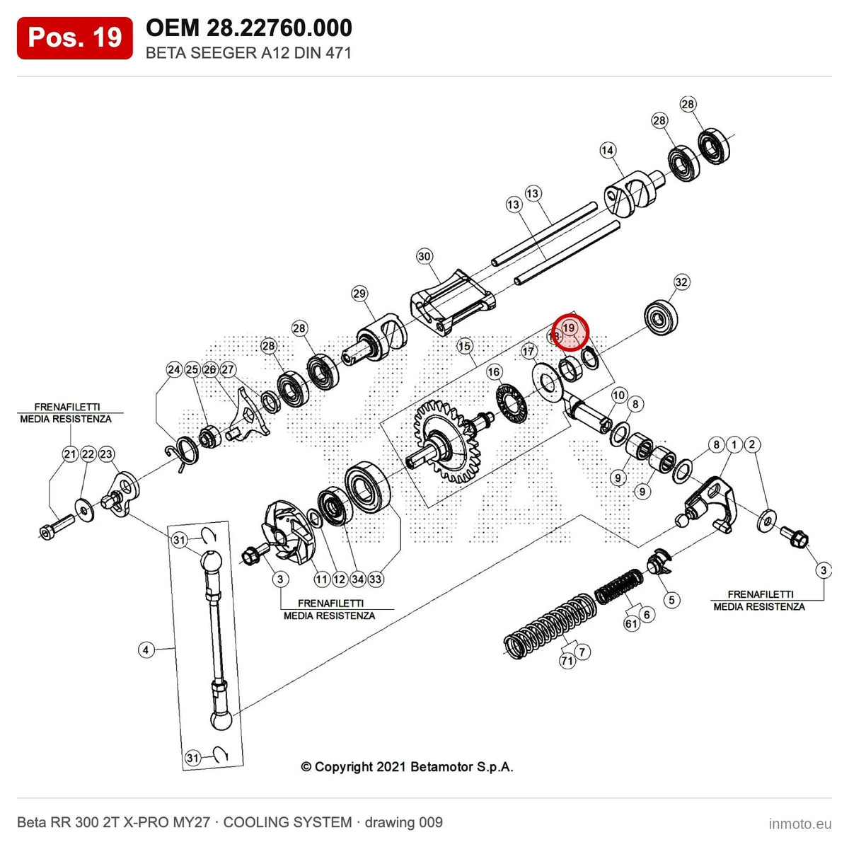 BETA SEEGER A12 DIN 471 – OEM 28.22760.000, position 19 on the Beta RR 300 2T X-PRO MY27 cooling system drawing