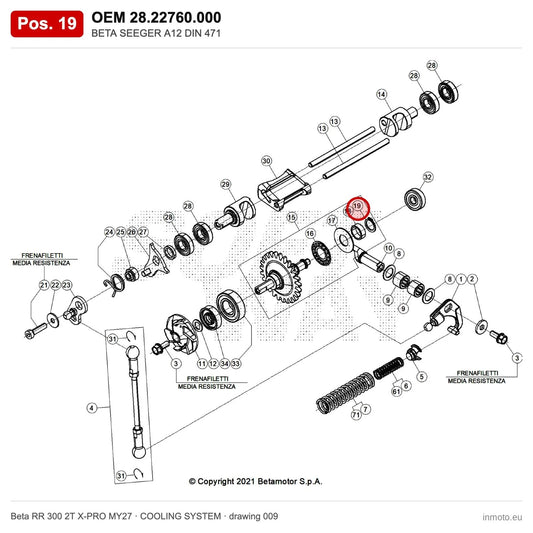 BETA SEEGER A12 DIN 471 – OEM 28.22760.000, position 19 on the Beta RR 300 2T X-PRO MY27 cooling system drawing