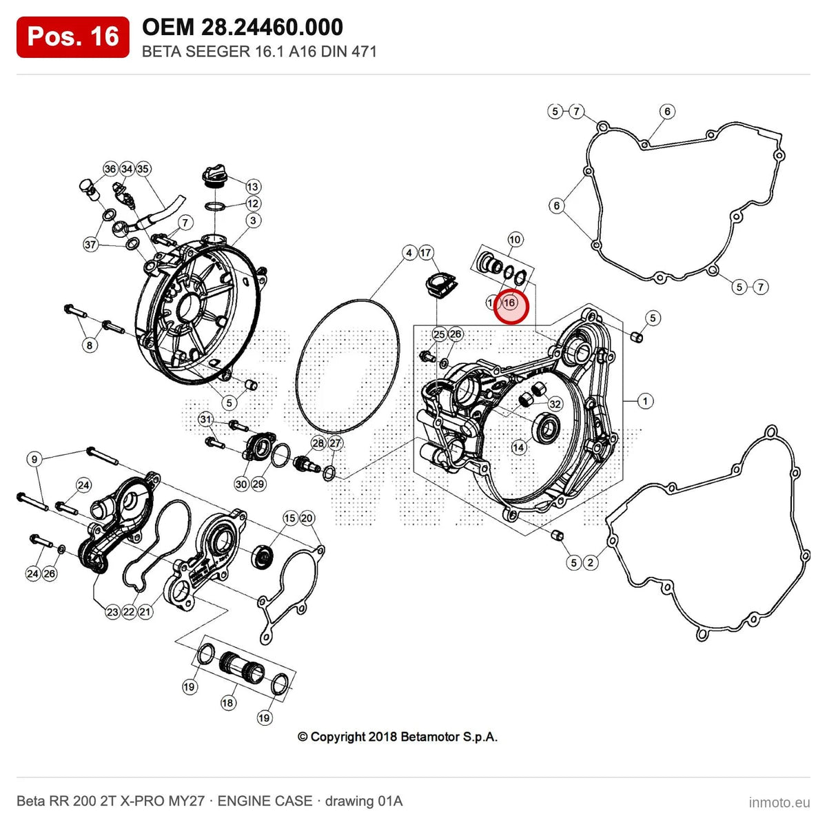 BETA SEEGER 16.1 A16 DIN 471 – OEM 28.24460.000, position 16 on the Beta RR 200 2T X-PRO MY27 engine case drawing