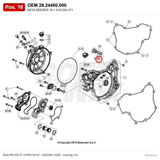 BETA SEEGER 16.1 A16 DIN 471 – OEM 28.24460.000, position 16 on the Beta RR 200 2T X-PRO MY27 engine case drawing