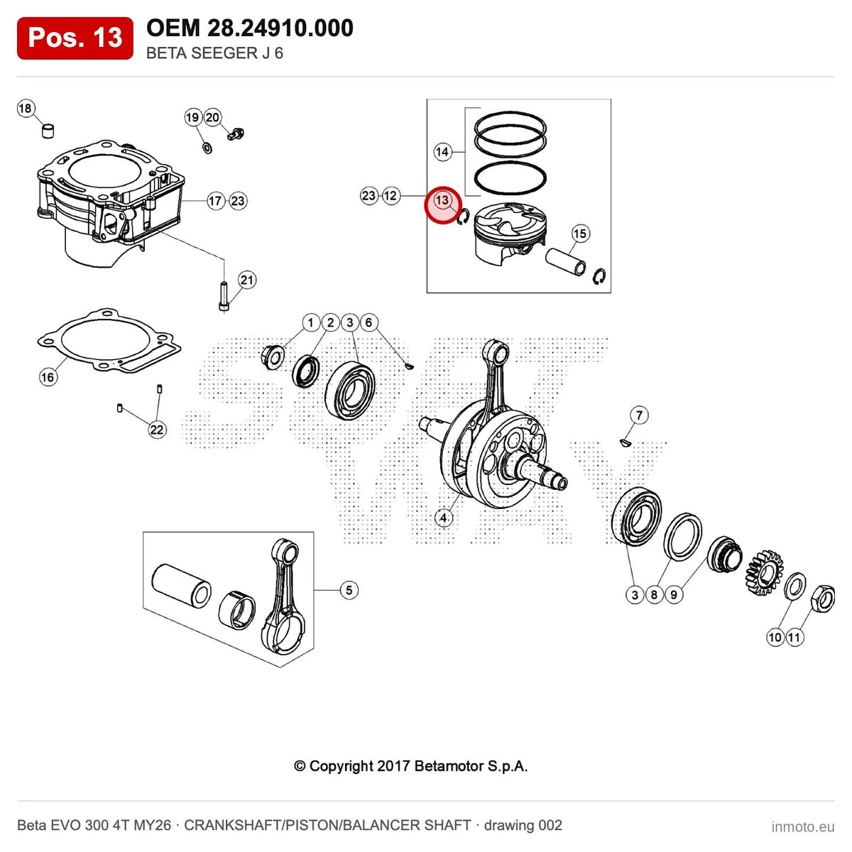 BETA SEEGER J 6 – OEM 28.24910.000, position 13 on the Beta EVO 300 4T MY26 crankshaft/piston/balancer shaft drawing