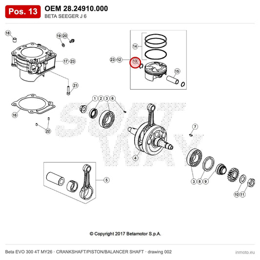 BETA SEEGER J 6 – OEM 28.24910.000, position 13 on the Beta EVO 300 4T MY26 crankshaft/piston/balancer shaft drawing