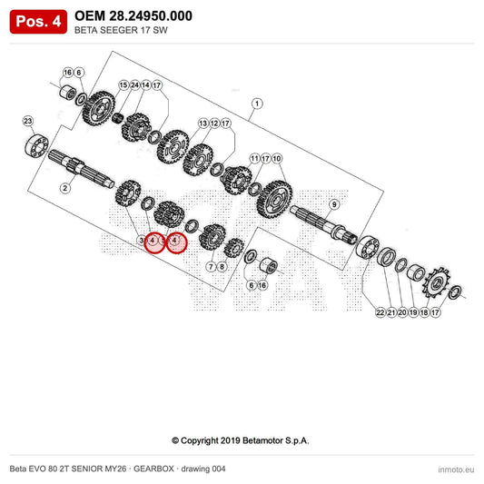 BETA SEEGER 17 SW – OEM 28.24950.000, position 4 on the Beta EVO 80 2T SENIOR MY26 gearbox drawing