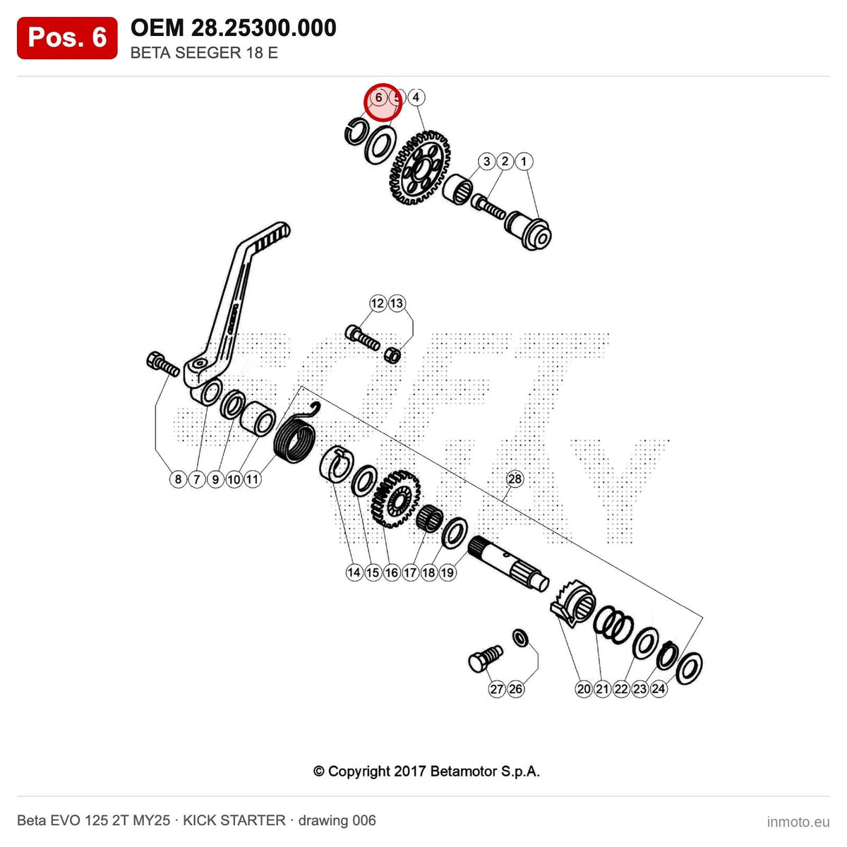 BETA SEEGER 18 E – OEM 28.25300.000, position 6 on the Beta EVO 125 2T MY25 kick starter drawing