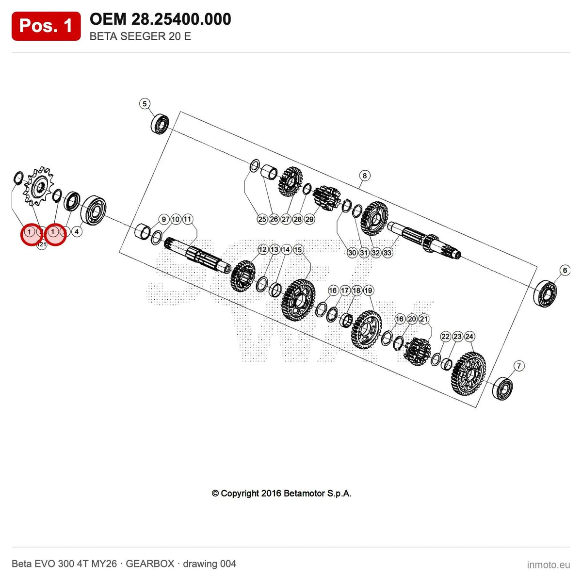BETA SEEGER 20 E – OEM 28.25400.000, position 1 on the Beta EVO 300 4T MY26 gearbox drawing