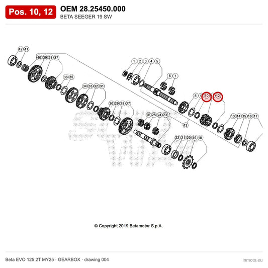 BETA SEEGER 19 SW – OEM 28.25450.000, positions 10,12 on the Beta EVO 125 2T MY25 gearbox drawing