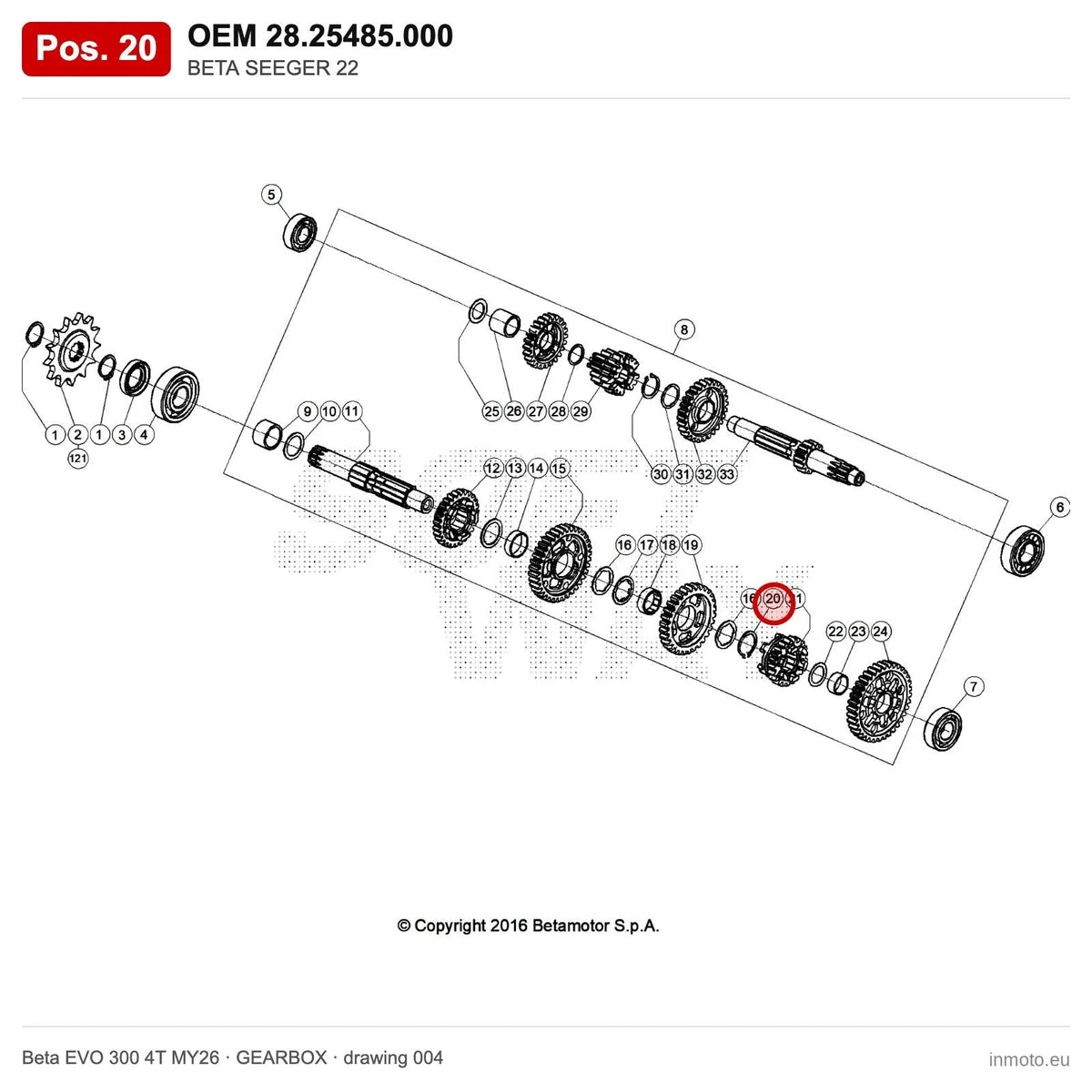 BETA SEEGER 22 – OEM 28.25485.000, position 20 on the Beta EVO 300 4T MY26 gearbox drawing