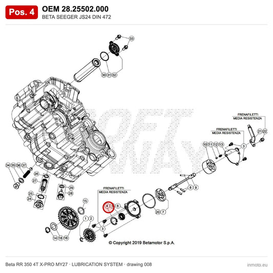 BETA SEEGER JS24 DIN 472 – OEM 28.25502.000, position 4 on the Beta RR 350 4T X-PRO MY27 lubrication system drawing
