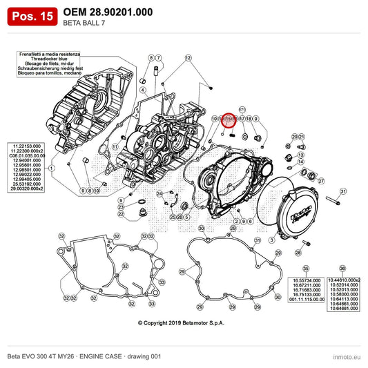 BETA BALL 7 – OEM 28.90201.000, position 15 on the Beta EVO 300 4T MY26 engine case drawing