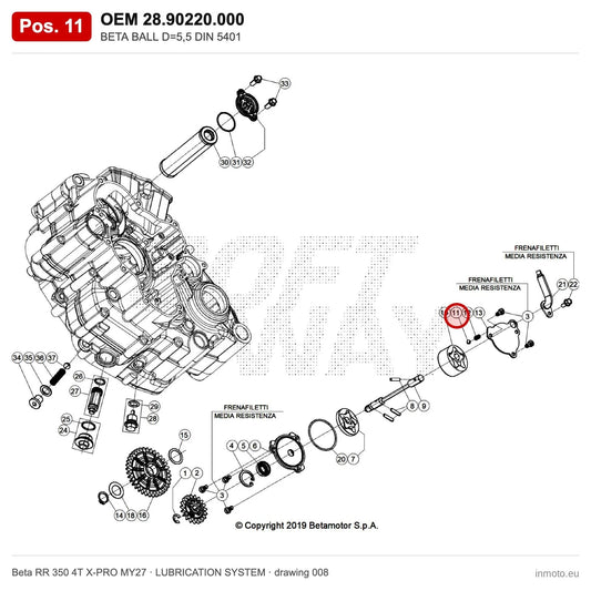 BETA BALL D=5,5 DIN 5401 – OEM 28.90220.000, position 11 on the Beta RR 350 4T X-PRO MY27 lubrication system drawing