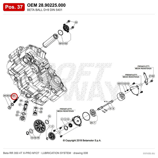 BETA BALL D=9 DIN 5401 – OEM 28.90225.000, position 37 on the Beta RR 350 4T X-PRO MY27 lubrication system drawing