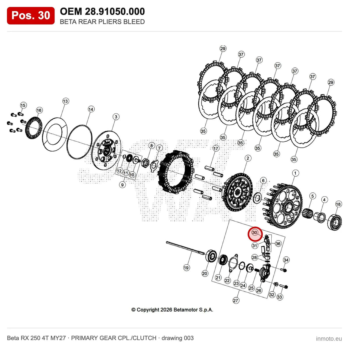 BETA REAR PLIERS BLEED – OEM 28.91050.000, position 30 on the Beta RX 250 4T MY27 primary gear cpl./clutch drawing