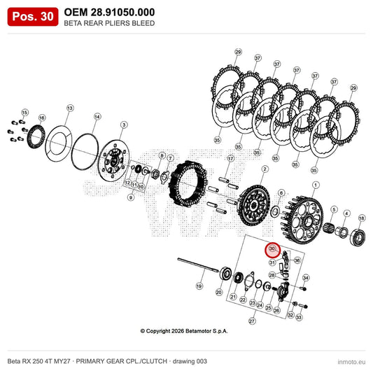 BETA REAR PLIERS BLEED – OEM 28.91050.000, position 30 on the Beta RX 250 4T MY27 primary gear cpl./clutch drawing