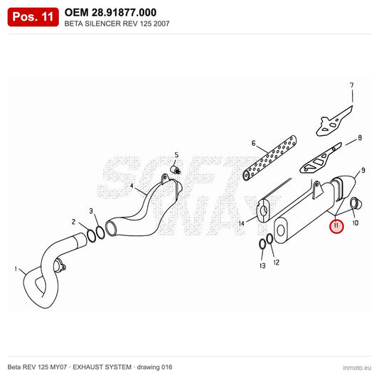 BETA SILENCER REV 125 2007 – OEM 28.91877.000, position 11 on the Beta REV 125 MY07 exhaust system drawing