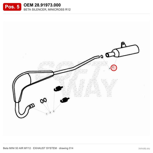 BETA SILENCER, MINICROSS R12 – OEM 28.91973.000, position 5 on the Beta MINI 50 AIR MY12 exhaust system drawing