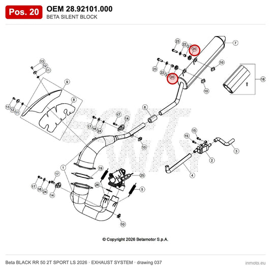 BETA SILENT BLOCK – OEM 28.92101.000, position 20 on the Beta BLACK RR 50 2T SPORT LS 2026 exhaust system drawing