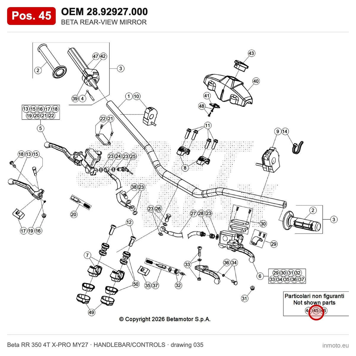 BETA REAR-VIEW MIRROR – OEM 28.92927.000, position 45 on the Beta RR 350 4T X-PRO MY27 handlebar/controls drawing