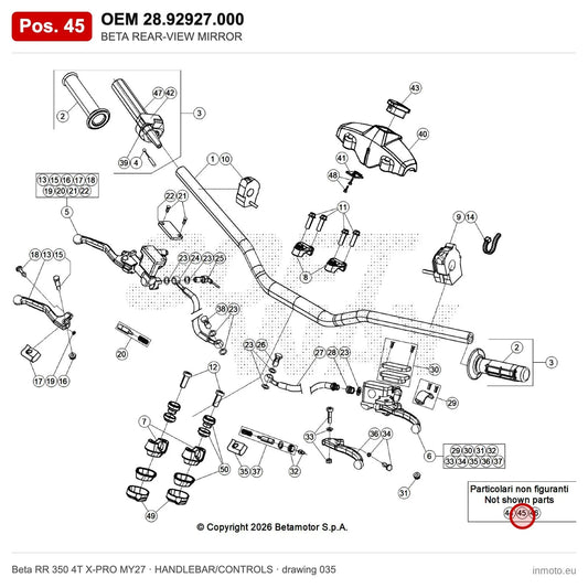 BETA REAR-VIEW MIRROR – OEM 28.92927.000, position 45 on the Beta RR 350 4T X-PRO MY27 handlebar/controls drawing