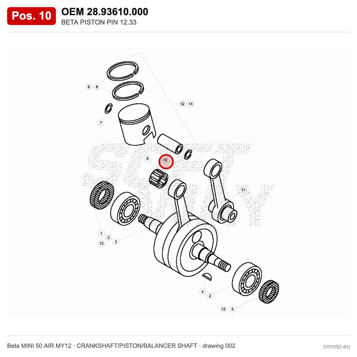 BETA PISTON PIN 12.33 – OEM 28.93610.000, position 10 on the Beta MINI 50 AIR MY12 crankshaft/piston/balancer shaft drawing