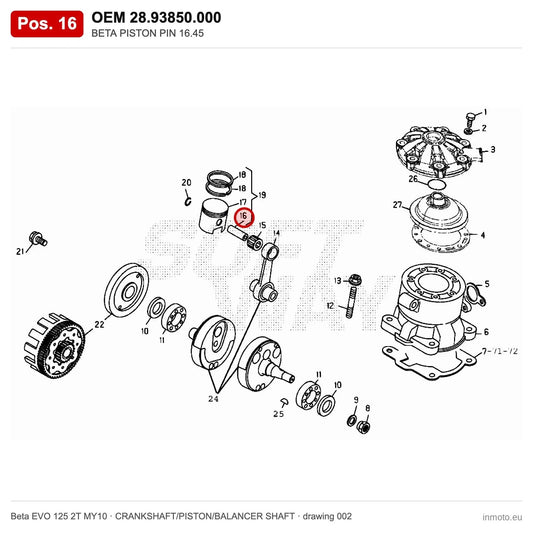 BETA PISTON PIN 16.45 – OEM 28.93850.000, position 16 on the Beta EVO 125 2T MY10 crankshaft/piston/balancer shaft drawing