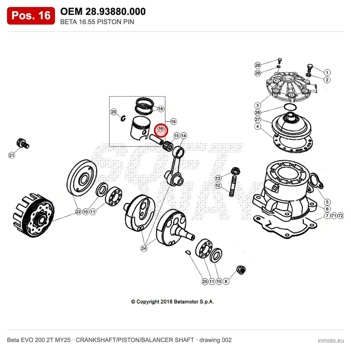 BETA 16.55 PISTON PIN – OEM 28.93880.000, position 16 on the Beta EVO 200 2T MY25 crankshaft/piston/balancer shaft drawing