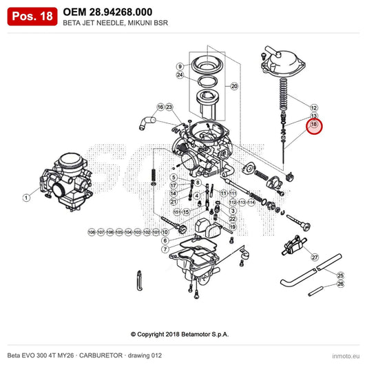 BETA JET NEEDLE, MIKUNI BSR – OEM 28.94268.000, position 18 on the Beta EVO 300 4T MY26 carburetor drawing