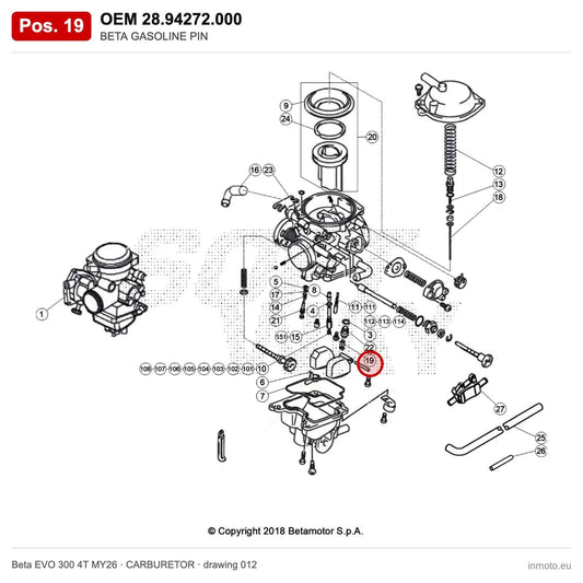 BETA GASOLINE PIN – OEM 28.94272.000, position 19 on the Beta EVO 300 4T MY26 carburetor drawing