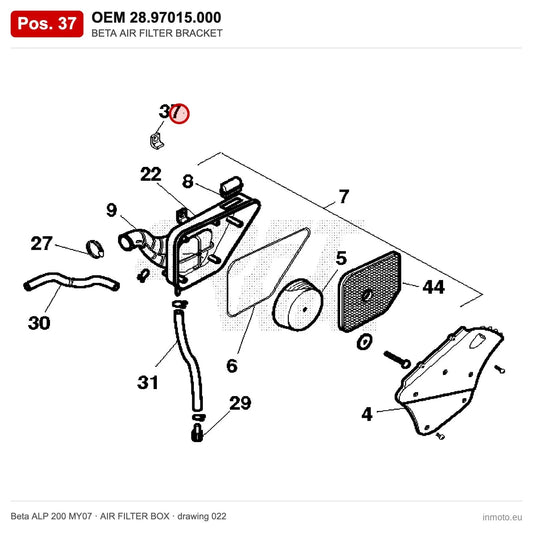 BETA AIR FILTER BRACKET – OEM 28.97015.000, position 37 on the Beta ALP 200 MY07 air filter box drawing