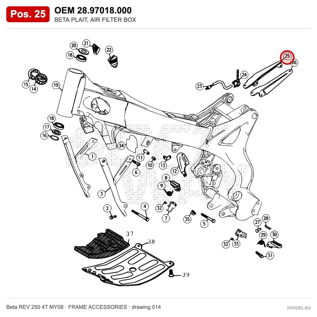 BETA PLAIT, AIR FILTER BOX – OEM 28.97018.000, position 25 on the Beta REV 250 4T MY08 frame accessories drawing