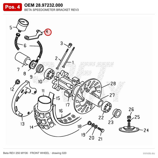 BETA SPEEDOMETER BRACKET REV3 – OEM 28.97232.000, position 4 on the Beta REV 250 MY06 front wheel drawing