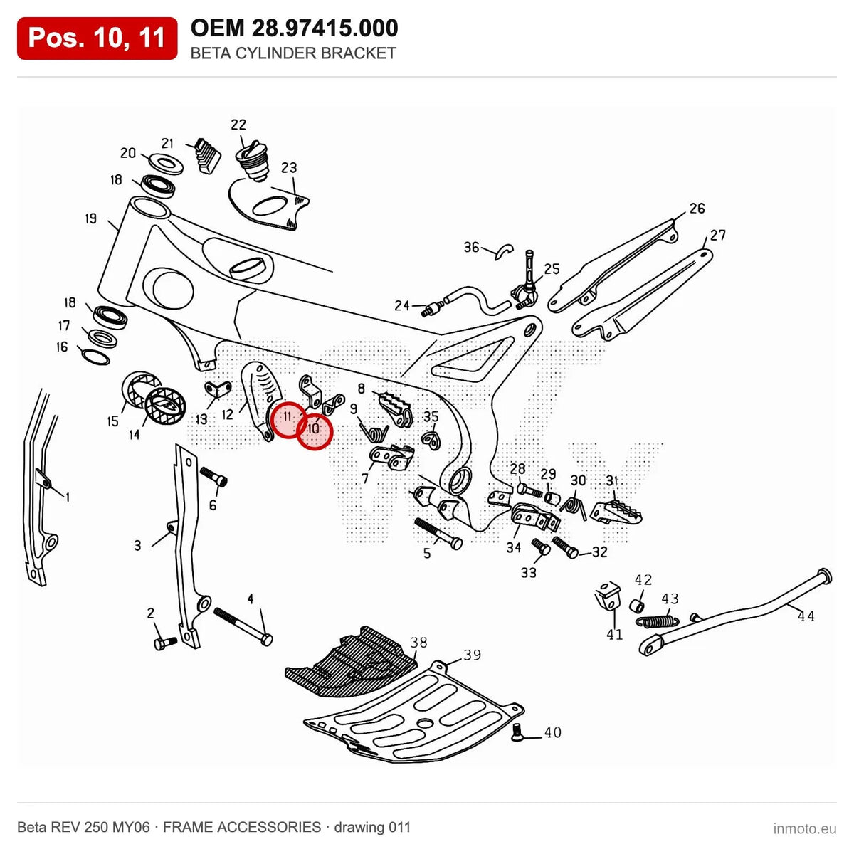 BETA CYLINDER BRACKET – OEM 28.97415.000, positions 10,11 on the Beta REV 250 MY06 frame accessories drawing
