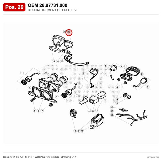 BETA INSTRUMENT OF FUEL LEVEL – OEM 28.97731.000, position 26 on the Beta ARK 50 AIR MY13 wiring harness drawing