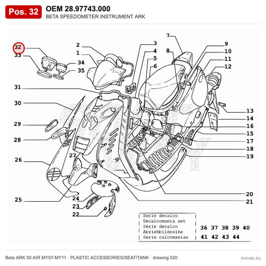 BETA SPEEDOMETER INSTRUMENT ARK – OEM 28.97743.000, position 32 on the Beta ARK 50 AIR MY07-MY11 plastic accessories/seat/tank drawing