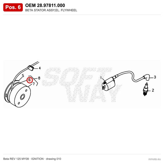 BETA STATOR ASSY,EL. FLYWHEEL – OEM 28.97811.000, position 6 on the Beta REV 125 MY08 ignition drawing