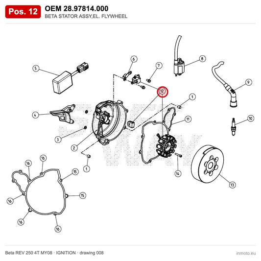 BETA STATOR ASSY,EL. FLYWHEEL – OEM 28.97814.000, position 12 on the Beta REV 250 4T MY08 ignition drawing
