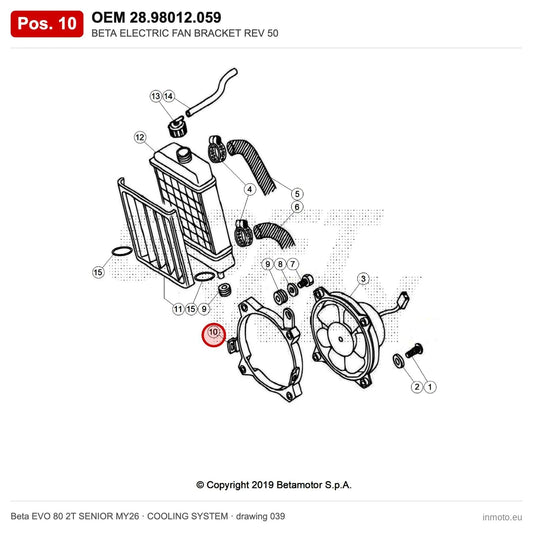 BETA ELECTRIC FAN BRACKET REV 50 – OEM 28.98012.059, position 10 on the Beta EVO 80 2T SENIOR MY26 cooling system drawing