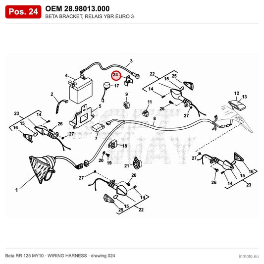 BETA BRACKET, RELAIS YBR EURO 3 – OEM 28.98013.000, position 24 on the Beta RR 125 MY10 wiring harness drawing