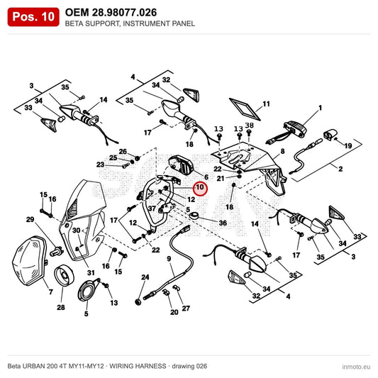 BETA SUPPORT, INSTRUMENT PANEL – OEM 28.98077.026, position 10 on the Beta URBAN 200 4T MY11-MY12 wiring harness drawing