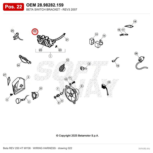 BETA SWITCH BRACKET - REV3 2007 – OEM 28.98282.159, position 22 on the Beta REV 250 4T MY08 wiring harness drawing