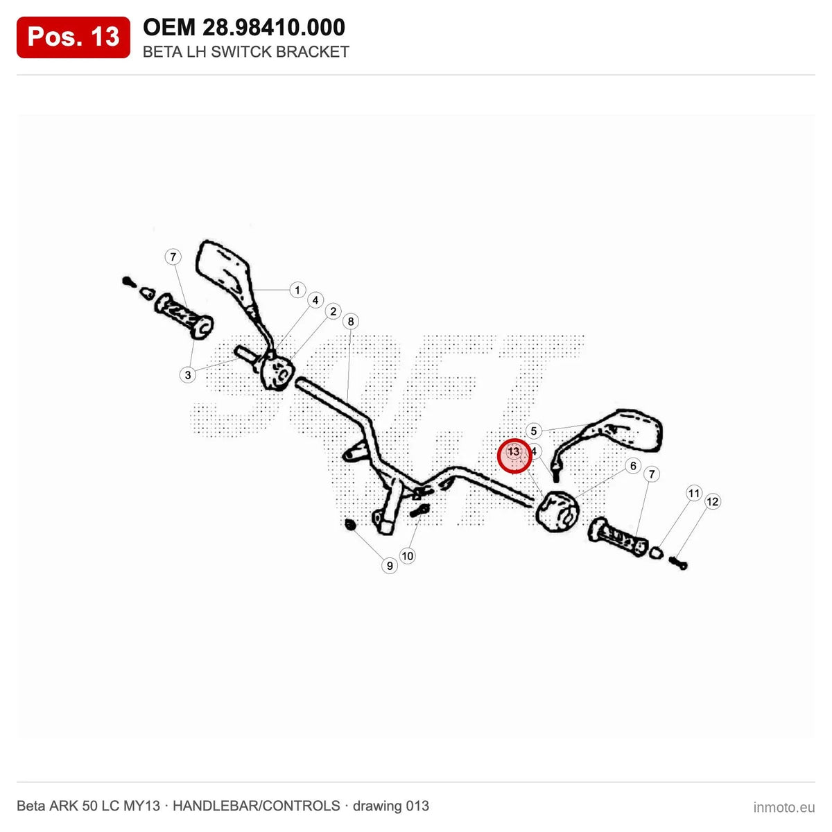 BETA LH SWITCK BRACKET – OEM 28.98410.000, position 13 on the Beta ARK 50 LC MY13 handlebar/controls drawing
