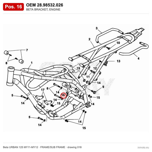BETA BRACKET, ENGINE – OEM 28.98532.026, position 16 on the Beta URBAN 125 MY11-MY12 frame/sub frame drawing