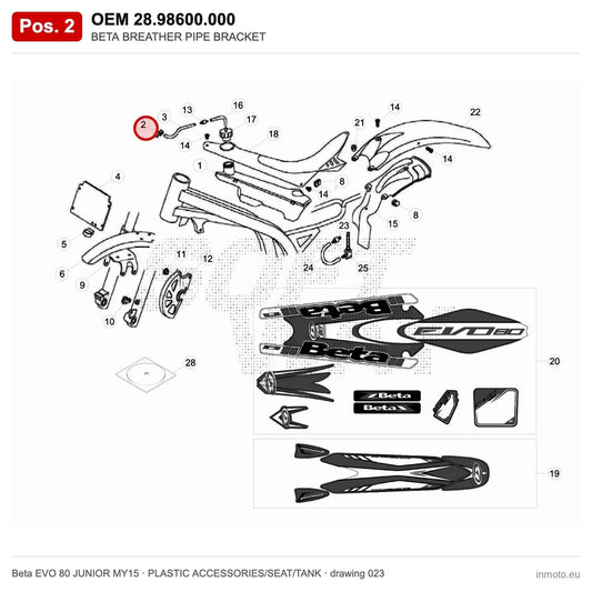 BETA BREATHER PIPE BRACKET – OEM 28.98600.000, position 2 on the Beta EVO 80 JUNIOR MY15 plastic accessories/seat/tank drawing