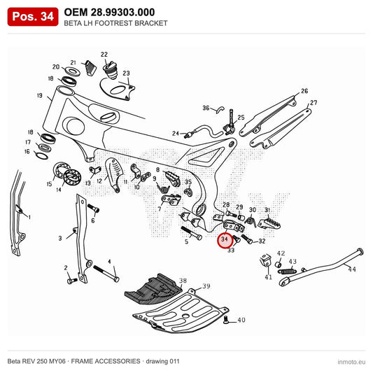 BETA LH FOOTREST BRACKET – OEM 28.99303.000, position 34 on the Beta REV 250 MY06 frame accessories drawing