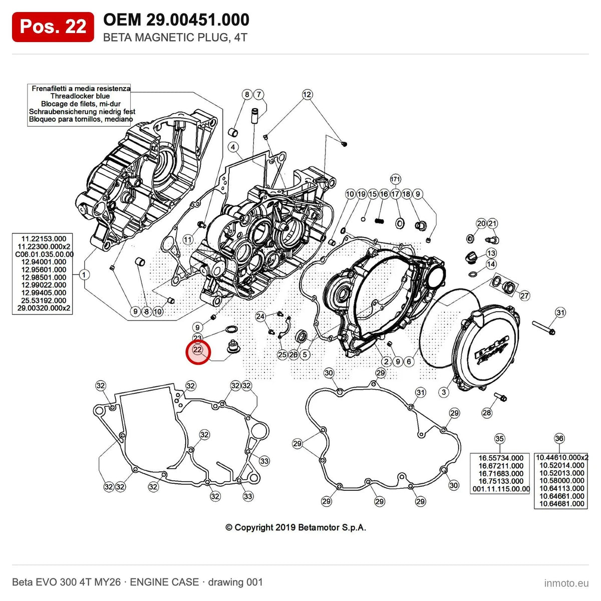 BETA MAGNETIC PLUG, 4T – OEM 29.00451.000, position 22 on the Beta EVO 300 4T MY26 engine case drawing