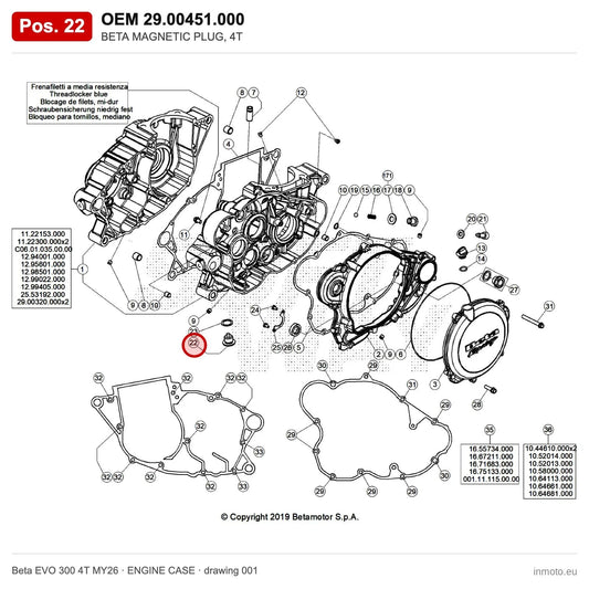 BETA MAGNETIC PLUG, 4T – OEM 29.00451.000, position 22 on the Beta EVO 300 4T MY26 engine case drawing