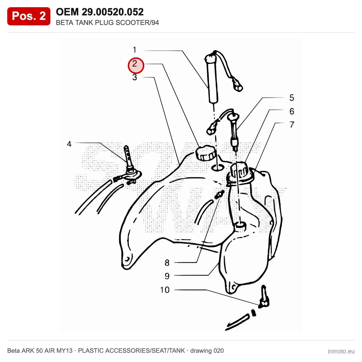 BETA TANK PLUG SCOOTER/94 – OEM 29.00520.052, position 2 on the Beta ARK 50 AIR MY13 plastic accessories/seat/tank drawing