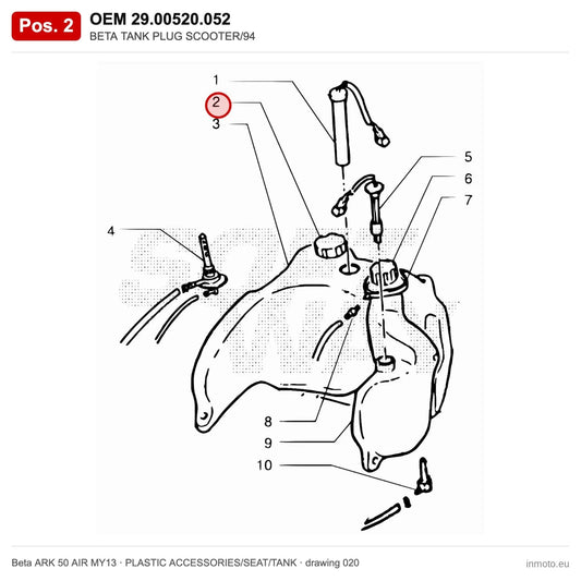 BETA TANK PLUG SCOOTER/94 – OEM 29.00520.052, position 2 on the Beta ARK 50 AIR MY13 plastic accessories/seat/tank drawing