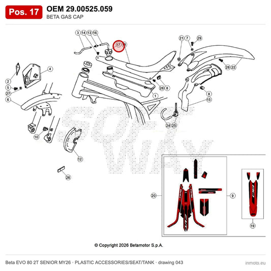 BETA GAS CAP – OEM 29.00525.059, position 17 on the Beta EVO 80 2T SENIOR MY26 plastic accessories/seat/tank drawing
