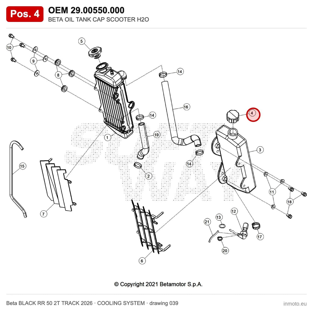 BETA OIL TANK CAP SCOOTER H2O – OEM 29.00550.000, position 4 on the Beta BLACK RR 50 2T TRACK 2026 cooling system drawing