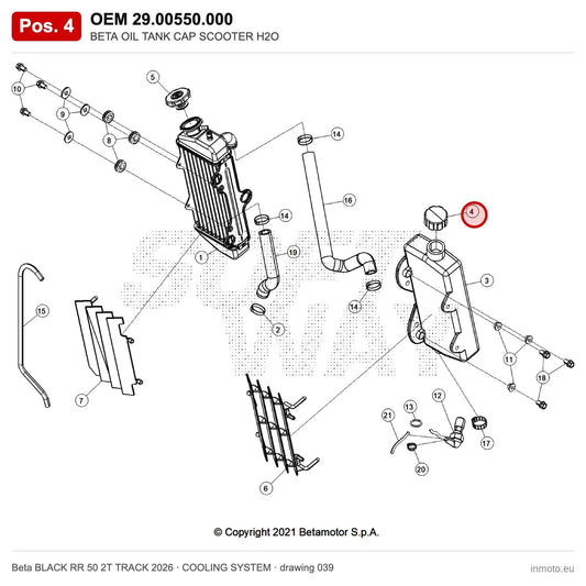 BETA OIL TANK CAP SCOOTER H2O – OEM 29.00550.000, position 4 on the Beta BLACK RR 50 2T TRACK 2026 cooling system drawing